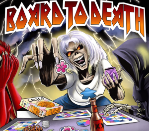 The Board to Death logo sits above artwork of a zombie in a meeple shirt passing a Calico token to the viewer as a red demon holds it's head in it's hands and the Grim Reaper studies his board.

The box from Calico sits on the table as well as some beer and pretzels